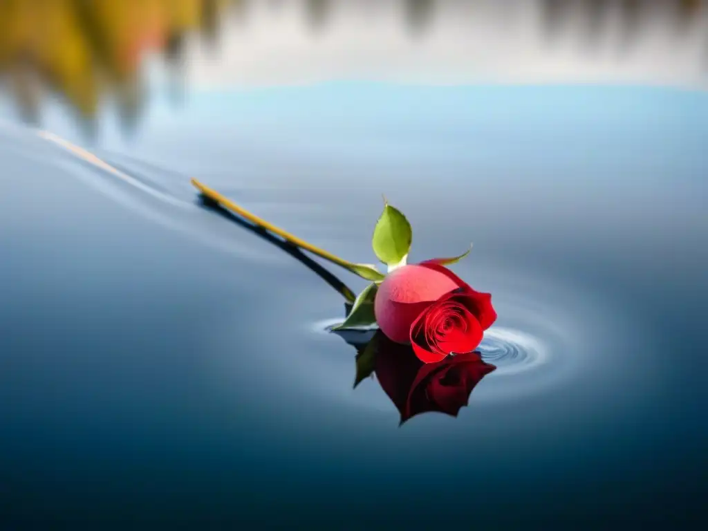 Un pétalo de rosa flotando en un lago sereno, reflejando la vanguardia poética de Federico García Lorca