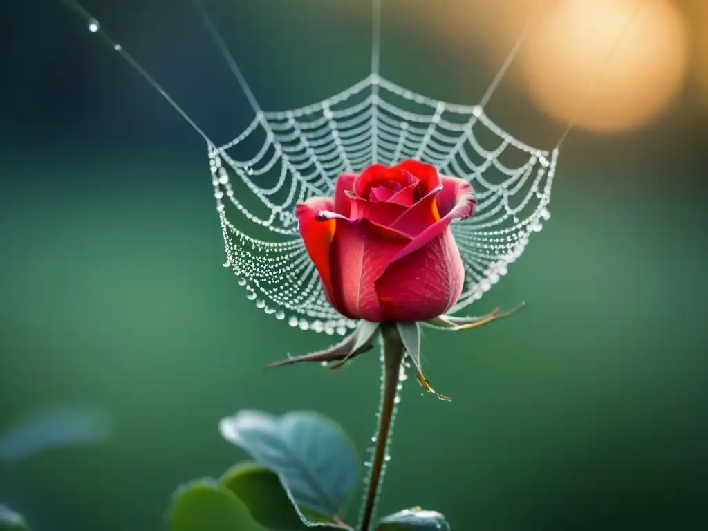 Un pétalo de rosa roja sobre tela de araña con rocío, en luz matutina