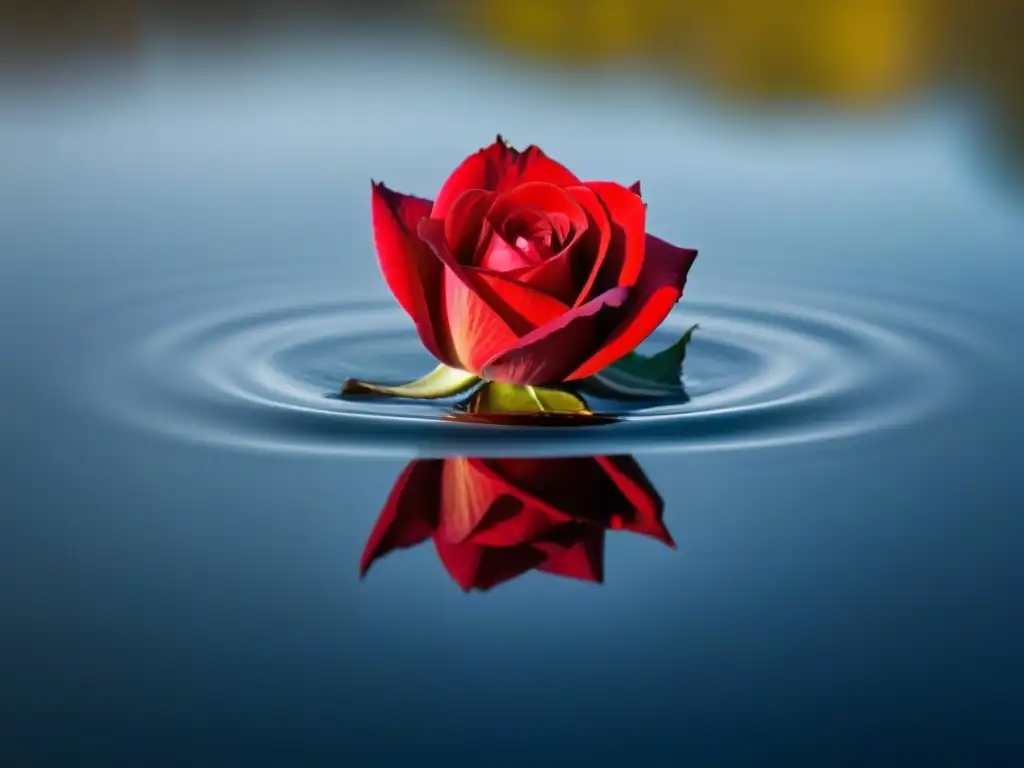 Un pétalo de rosa roja flotando en agua, con detalles micropoéticos y una serenidad lírica