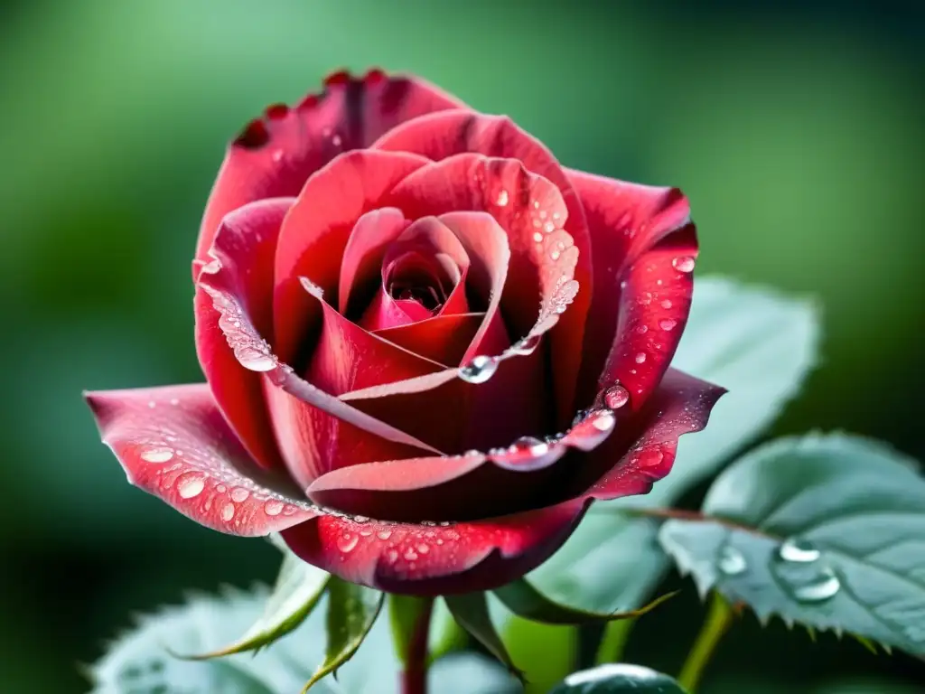 Un pétalo de rosa roja con gotas de agua reflejando colores, sobre un fondo verde difuminado