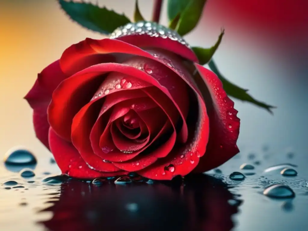Un pétalo de rosa roja con gotas de agua, reflejando luz en una imagen de alta resolución
