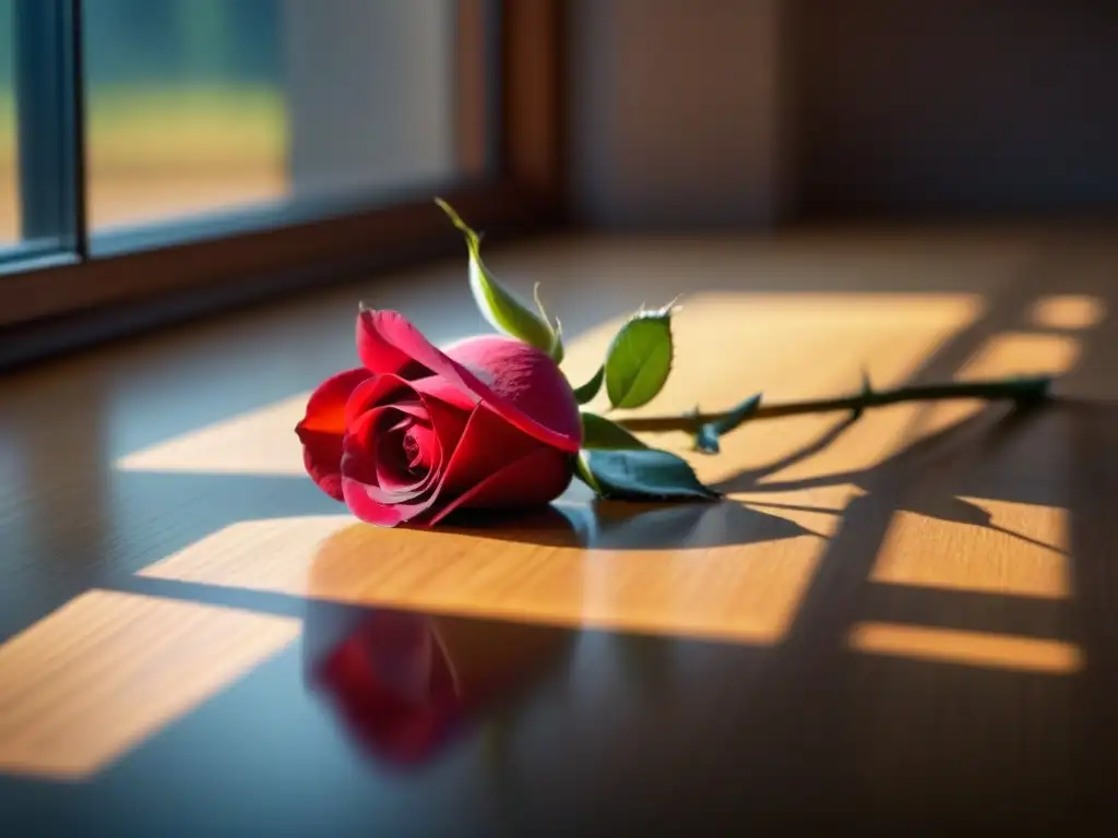 Un pétalo de rosa roja flotando con luz solar, poesía lírica belleza transformadora musa