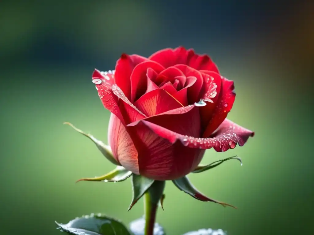 Un pétalo de rosa roja suspendido en el aire con gotas de agua, traducción poética de la fragilidad en arte