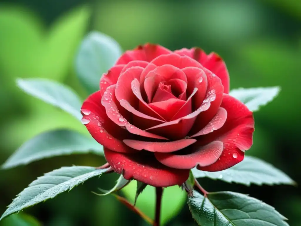 Un pétalo de rosa roja con venas y gotas de rocío, en un fondo borroso de hojas verdes