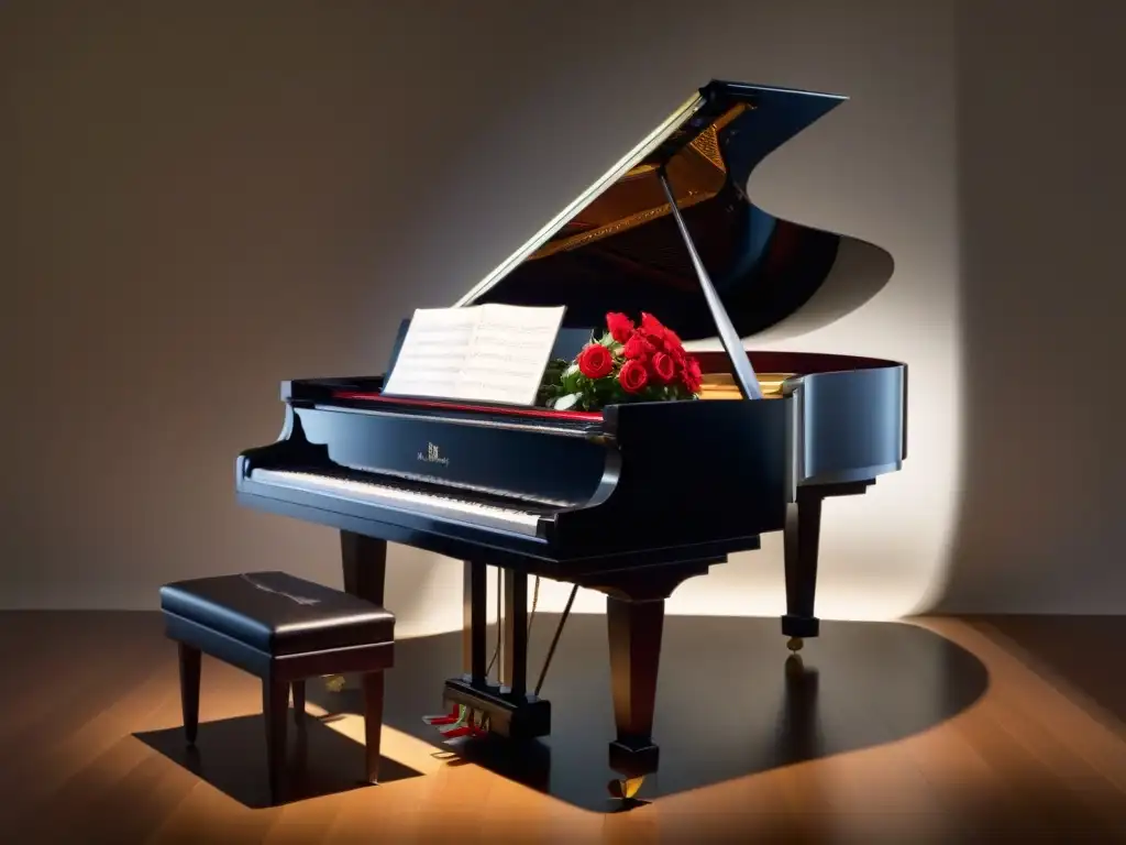 Un piano de cola rodeado de partituras, iluminado por una suave luz, con una rosa roja en el atril