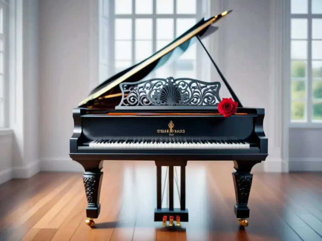 Un piano negro con detalles elegantes, cuerdas expuestas y una rosa roja sobre las teclas