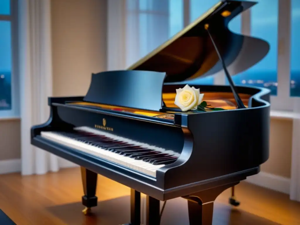 Un piano negro elegante con una rosa blanca sobre las teclas, en una habitación iluminada por la luna