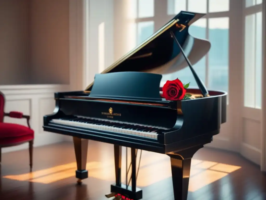 Un piano negro elegante con una rosa roja en las teclas, iluminado por el sol