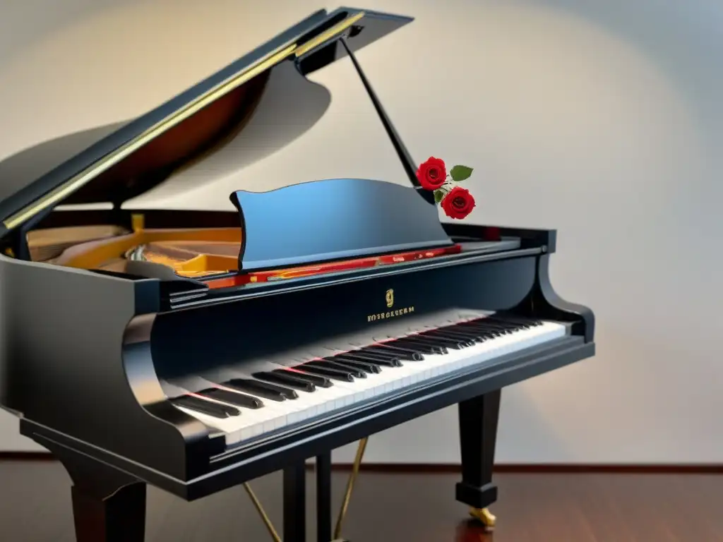 Un piano negro elegante con una rosa roja sobre el atril, en un fondo blanco