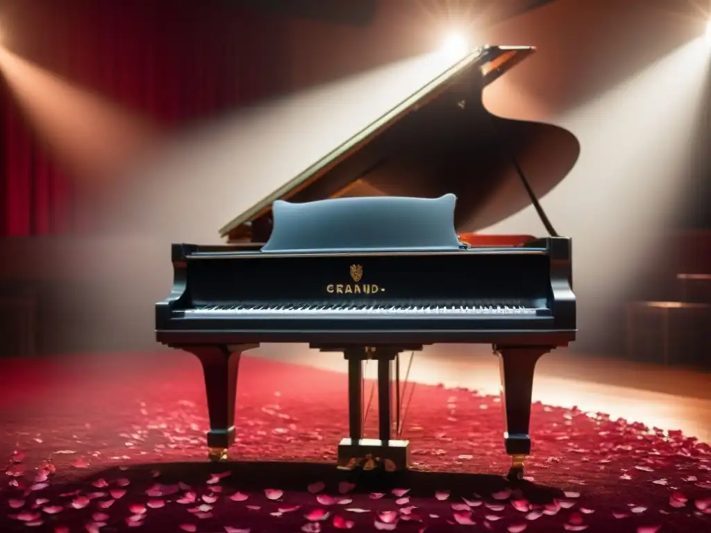 Gran piano negro en escenario iluminado con pétalos de rosa Un piano negro en un escenario iluminado, rodeado de pétalos de rosa y notas musicales