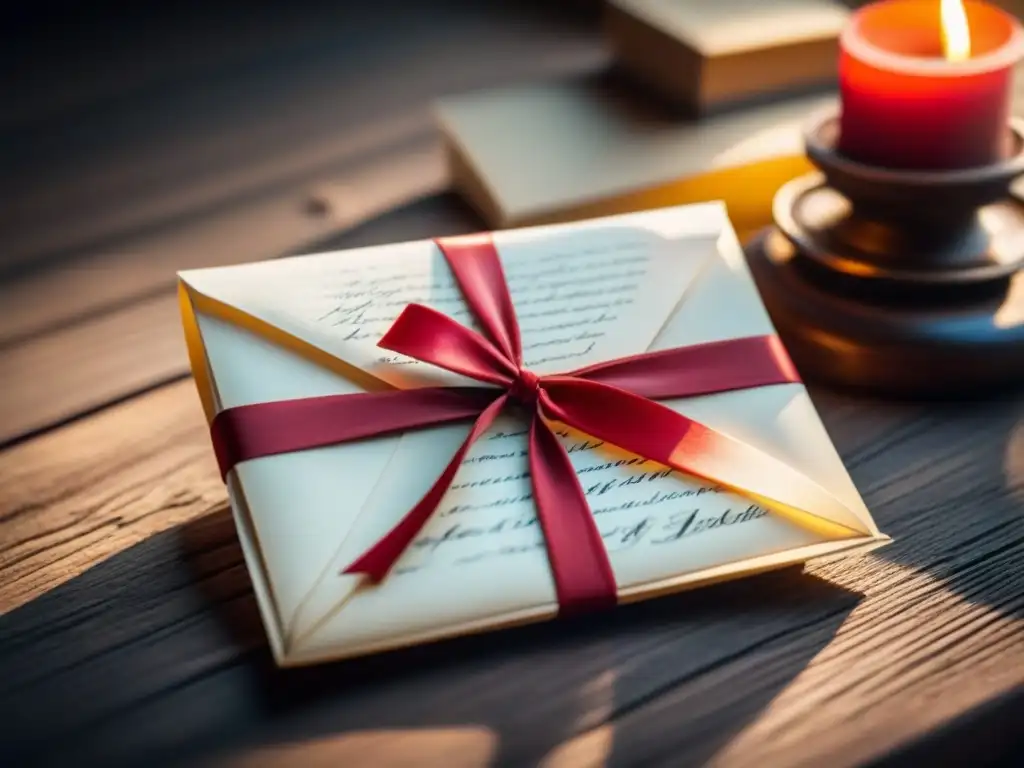 Poesía epistolar: una pila de cartas de amor vintage atadas con una cinta de seda, sobre una mesa de madera envejecida