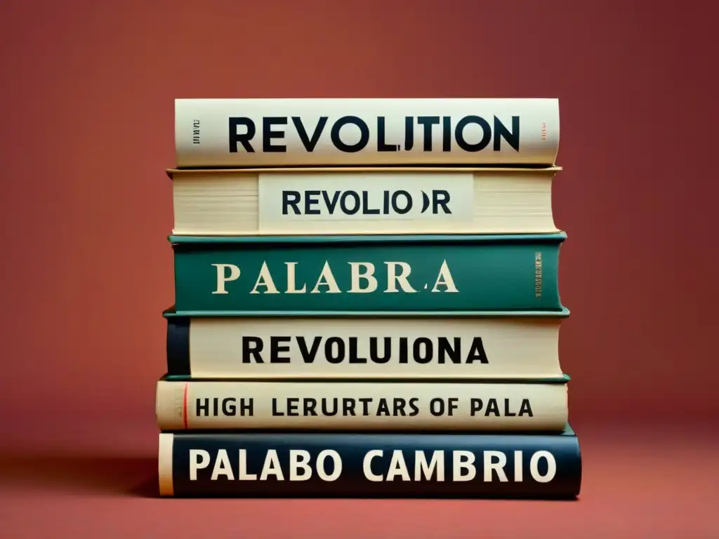 Una pila de libros antiguos con títulos como 'Revolución Literaria' y 'Palabras de Cambio', evocando escritores que cambiaron el mundo