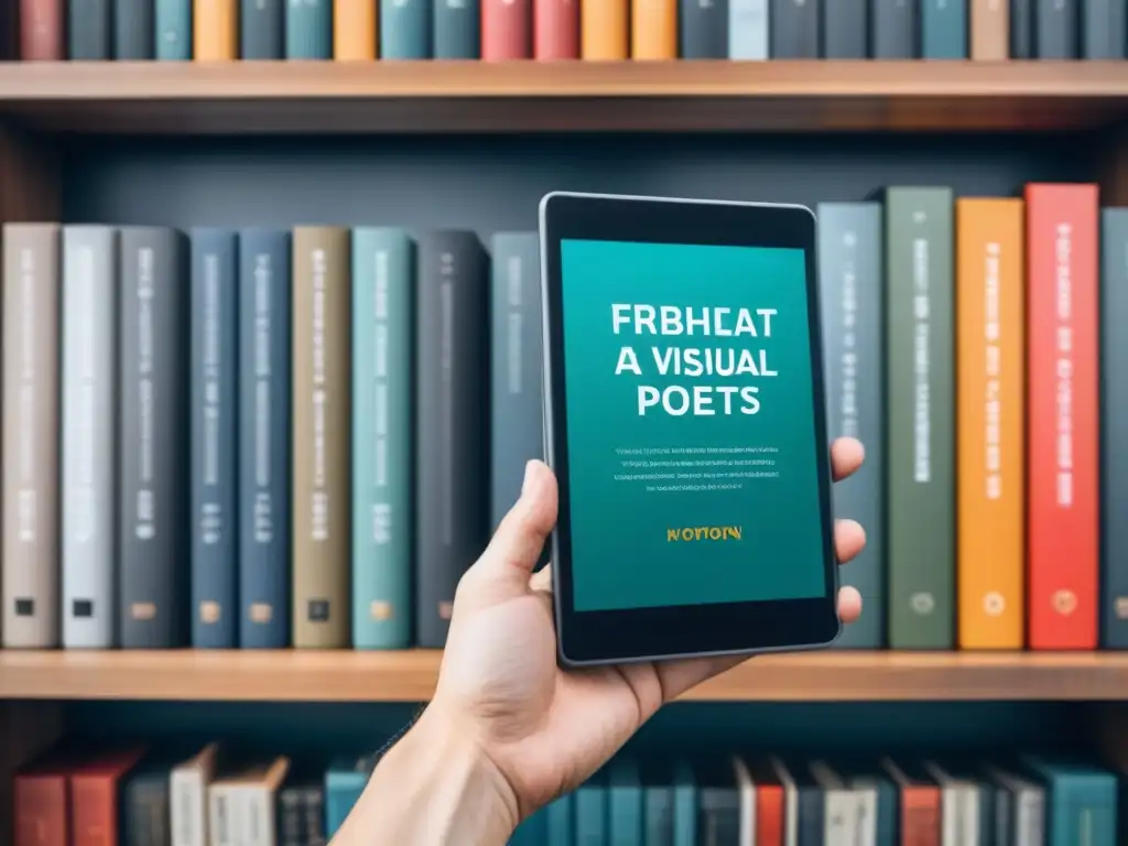 Una pila de libros electrónicos visuales de poesía con diseños artísticos y tipografía vibrante en un estante moderno y elegante