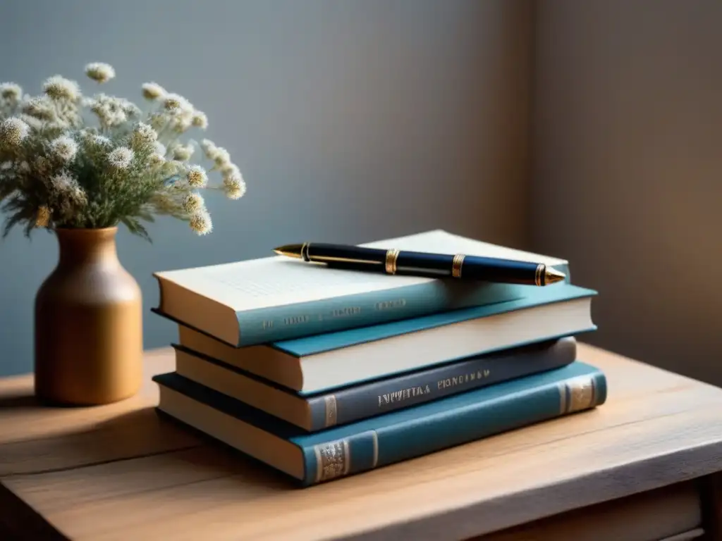 Una pila de libros de poesía desgastados iluminados suavemente en una mesa de madera