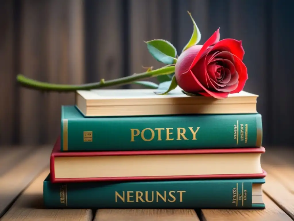 Una pila de libros de poesía elegantes en tonos pastel sobre un escritorio, con una rosa roja encima