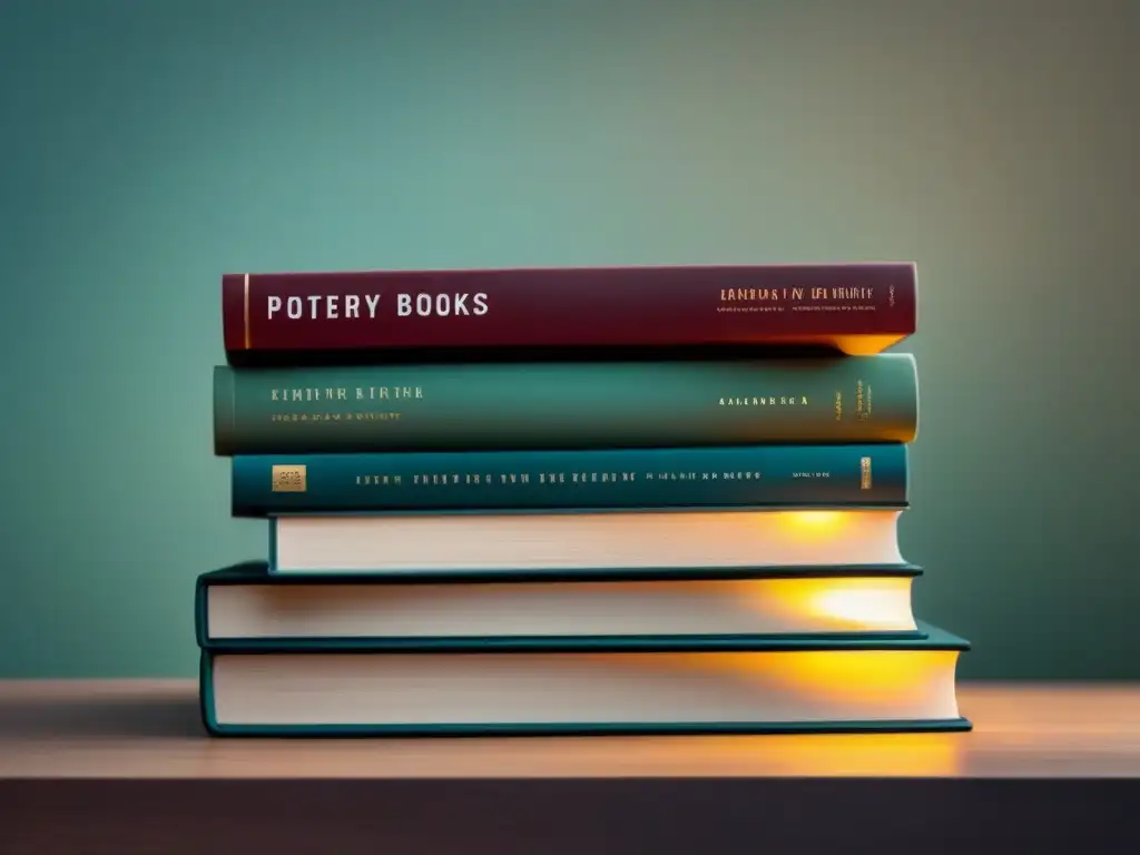 Una pila de libros de poesía con iluminación suave, títulos elegantes y sombras sutiles