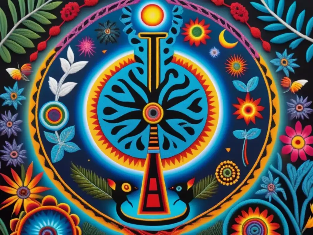 Una pintura Huichol vibrante y detallada celebra la vida con símbolos coloridos y patrones naturales en una danza de conexión y celebración