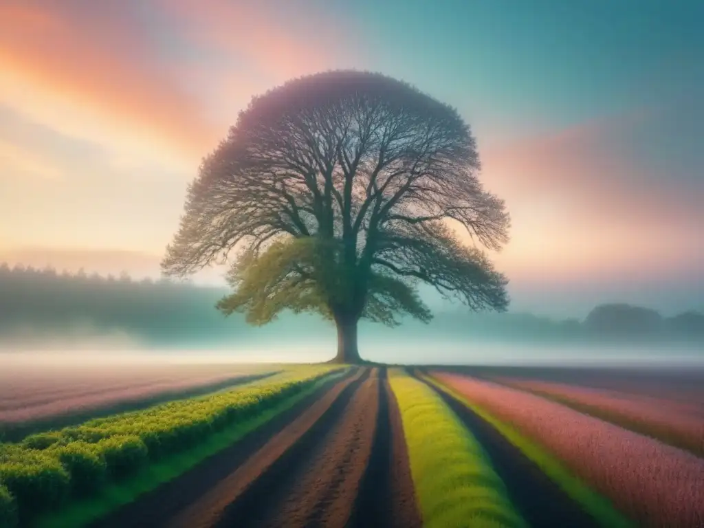 Pintura paisajista con árbol solitario en campo vasto