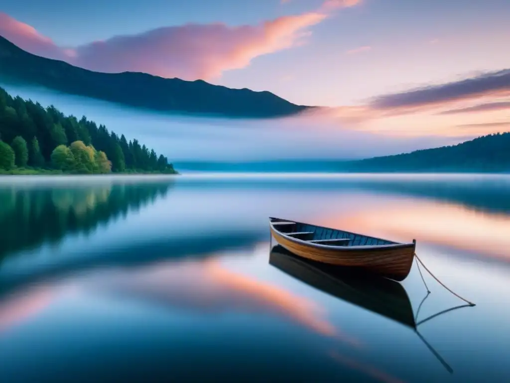 Una pintura paisajista que refleja la poesía en la naturaleza: un lago tranquilo bajo un cielo al atardecer, donde un bote solitario navega en calma