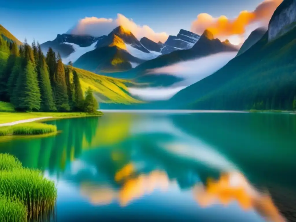 Pintura poética ecocrítica de paisajes líricos con un lago tranquilo reflejando un atardecer vibrante, rodeado de bosques verdes y montañas nevadas