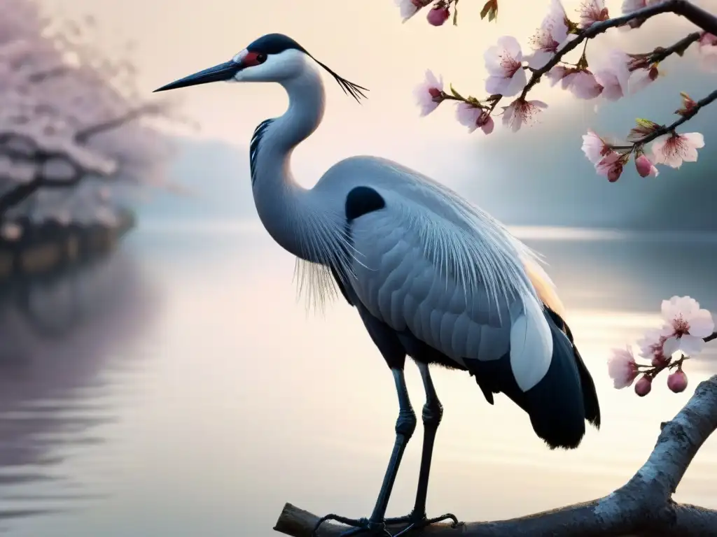 Una pintura de tinta detallada muestra una grulla elegante en una rama de cerezo en flor