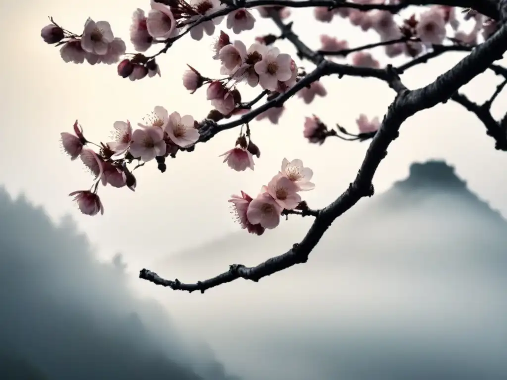 Pintura en tinta negra de un cerezo japonés en flor, evocando poesía lírica japonesa en occidente