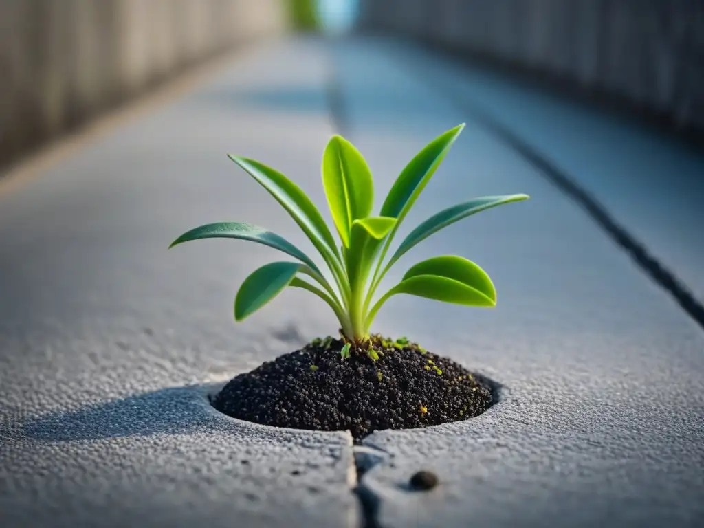 Una planta verde vibrante brota de una grieta en el concreto, simbolizando el poder transformador de la poesía