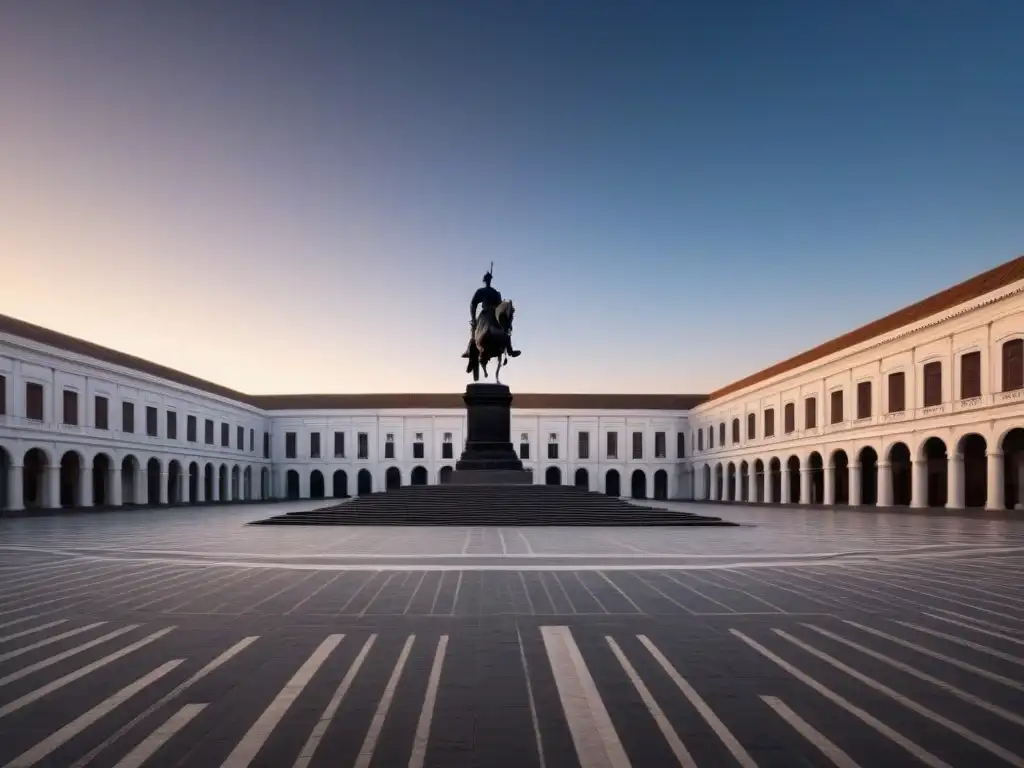 Plaza desierta al atardecer con sombras alargadas y estatua solitaria, evocando la poesía surrealista de Giorgio de Chirico