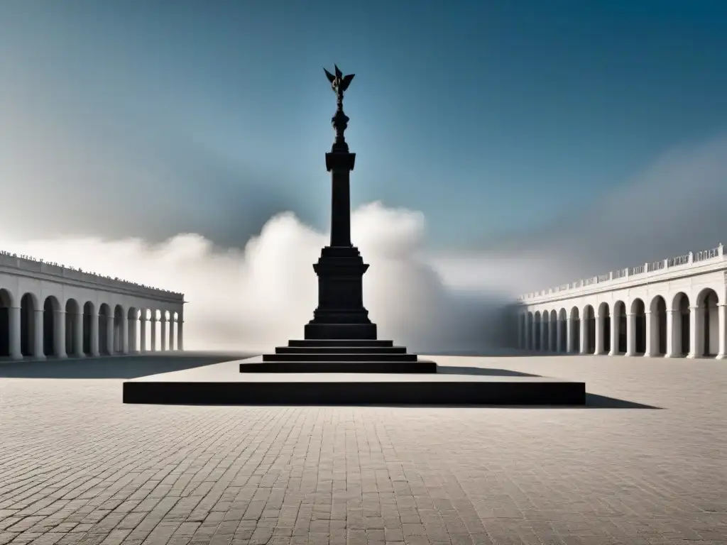 Plaza desierta con estatua imponente y sombras alargadas, evocando la poesía surrealista de Giorgio de Chirico