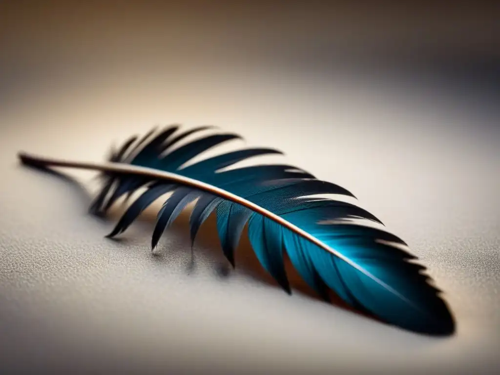 Pluma en el aire, detalle delicado bajo luz suave, belleza y transformación en verso libre poder transformador palabras