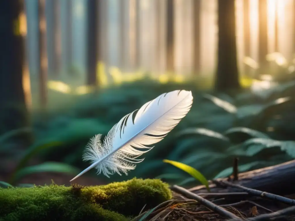 Pluma flotando en el aire, iluminada por rayo de sol en el bosque