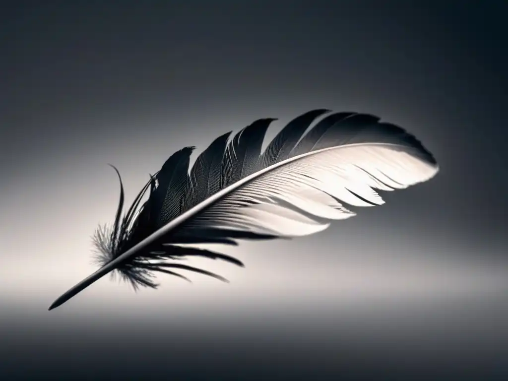 Pluma flotando en el aire, iluminada sutilmente, simbolizando la poesía lírica transformadora momentos fugaces