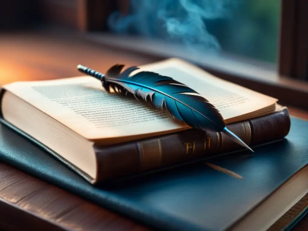 Pluma antigua descansando en un libro de cuero, iluminados por la luz