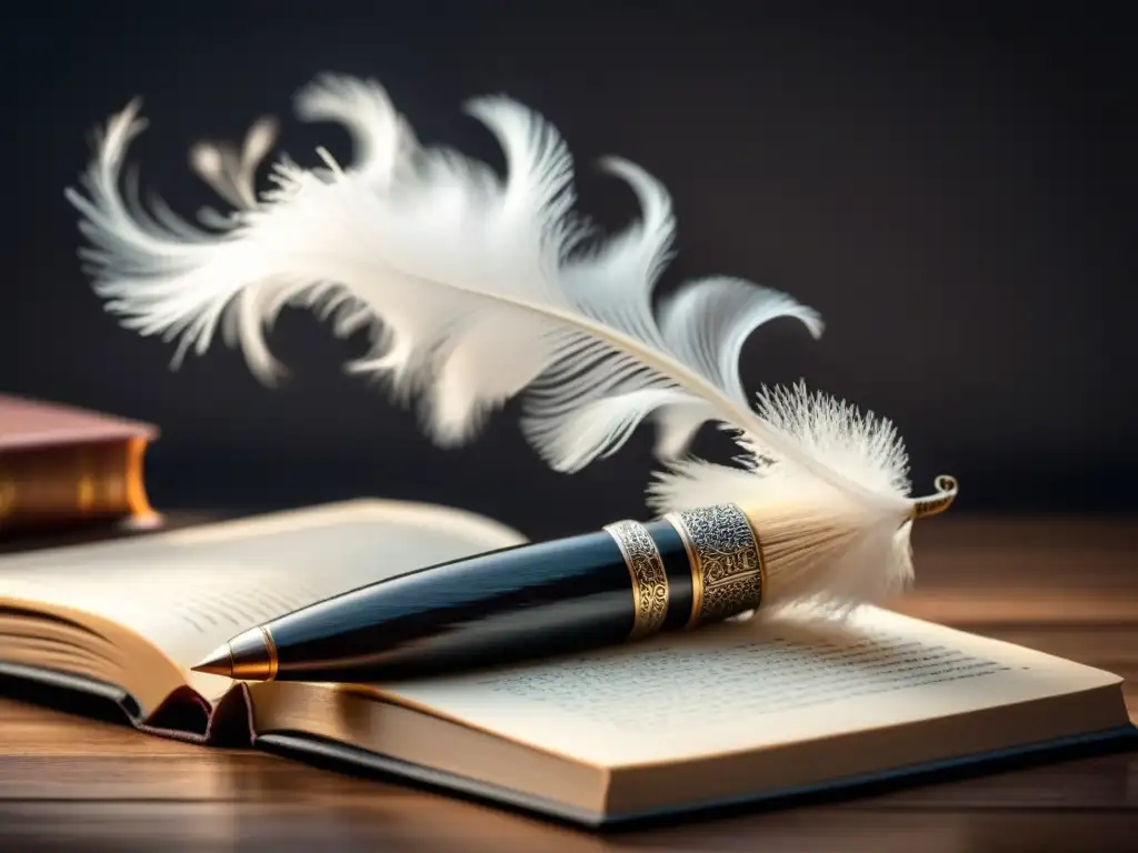 Pluma antigua sobre libros de poesía: inspiración atemporal Una pluma antigua reposa sobre libros de poesía, rodeada de sutiles inspiraciones