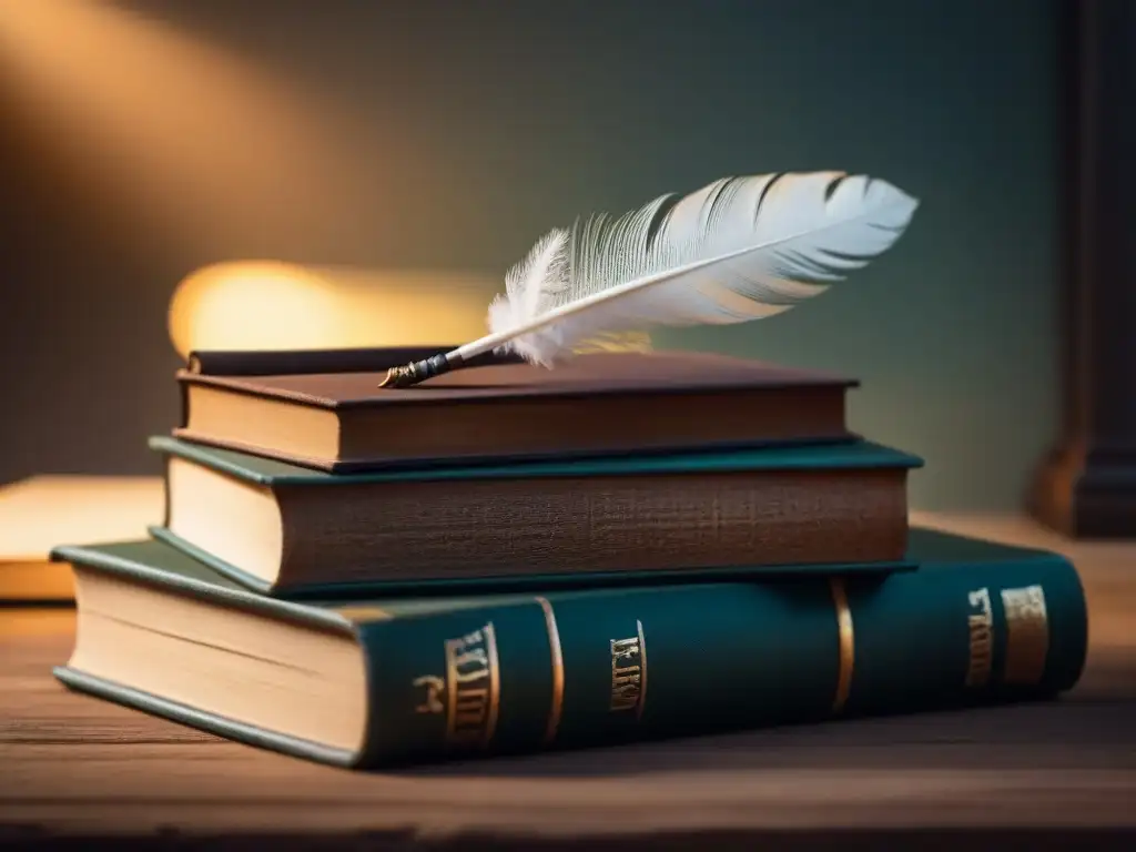 Pluma antigua reposando en libros de poesía, con luz suave y sombra sutil