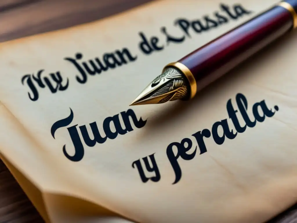 Pergamino antiguo con pluma y caligrafía elegante Pluma antigua sobre pergamino con caligrafía elegante de Juan Tassis y Peralta
