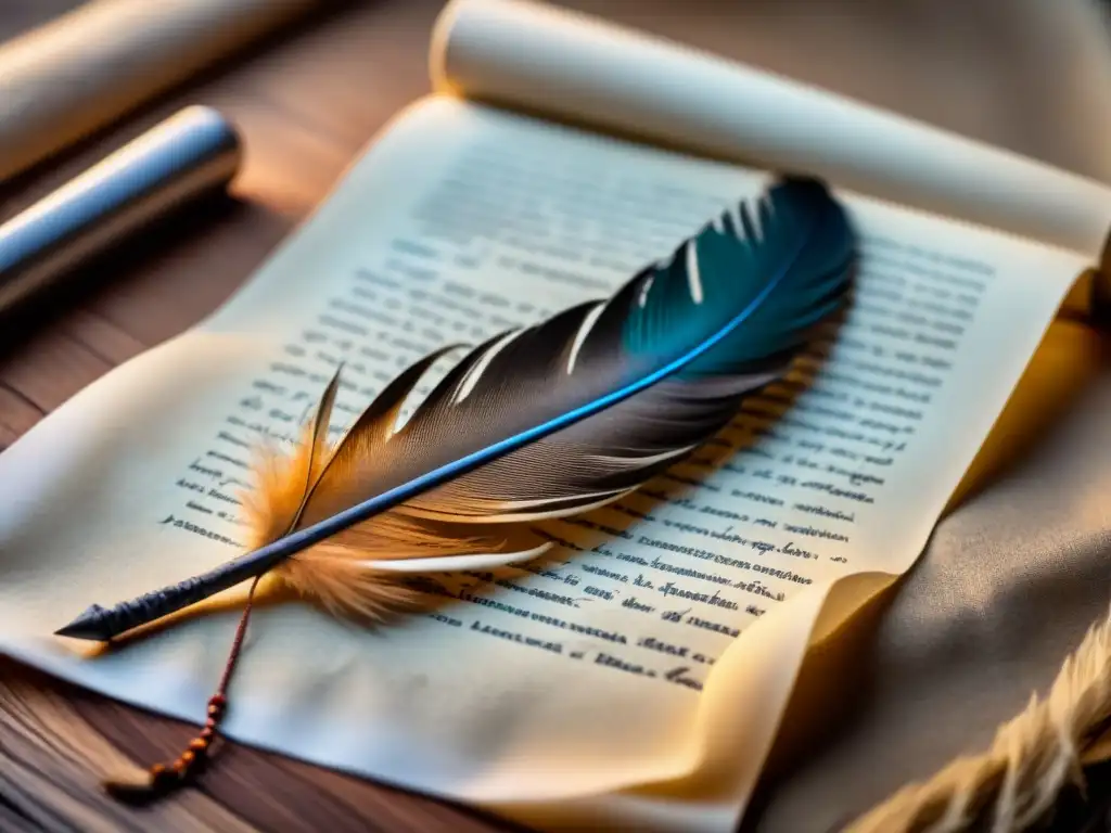 Pluma de ave sobre pergamino, detalle de traducción poesía nativa americana