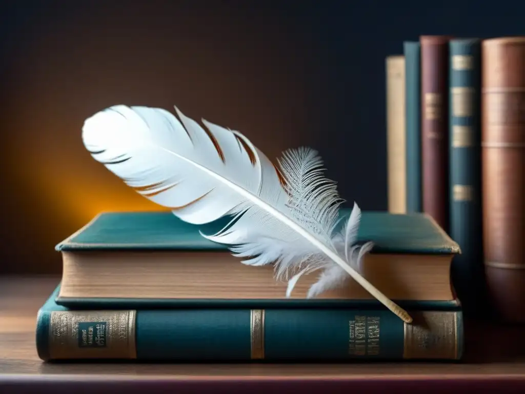 Pluma blanca sobre antologías poéticas causa cambio, simbolizando ligereza y sabiduría