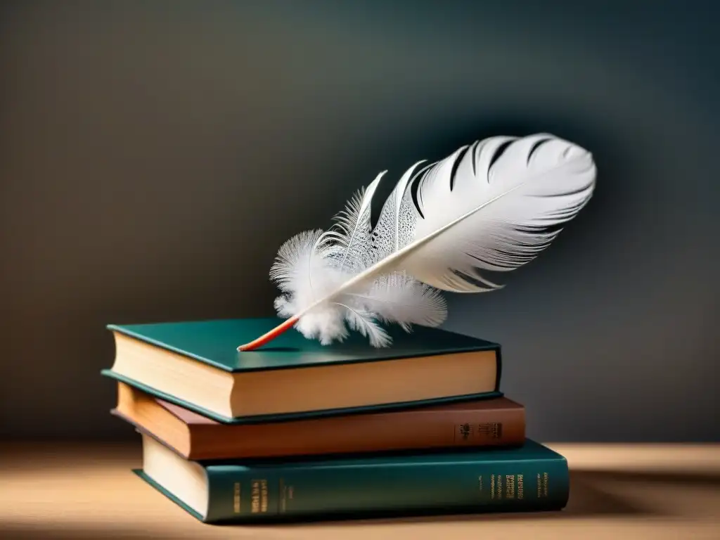 Una pluma blanca equilibrada en libros de poesía transformadora, iluminada suavemente