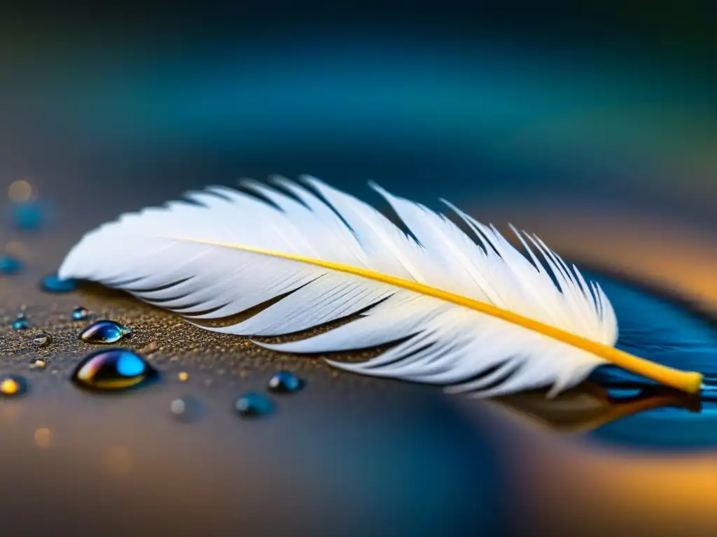 Pluma blanca en gota de agua, reflejando colores bajo luz suave, evocando el poder transformador de la poesía