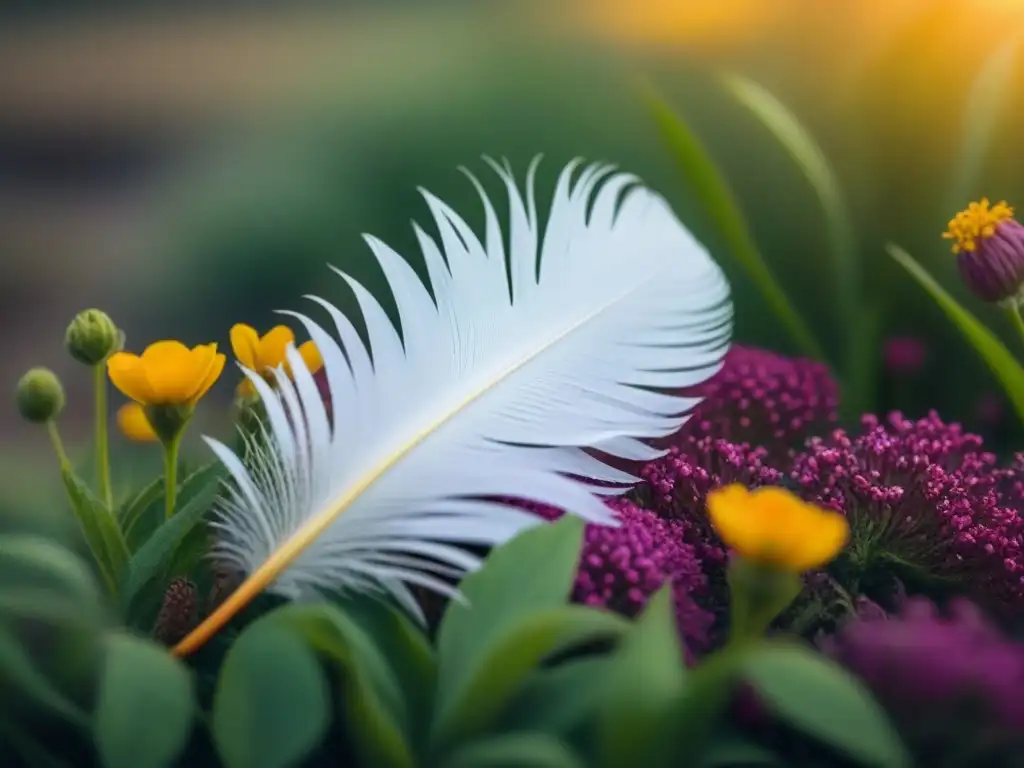 Pluma blanca delicada sobre flores vibrantes Una pluma blanca reposa sobre un lecho de flores silvestres vibrantes, capturando la belleza del eufemismo lírico en poesía