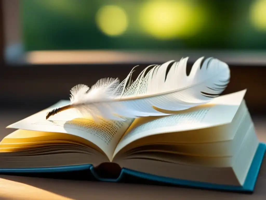 Una pluma blanca reposa sobre un libro abierto, detallando su belleza con luz suave