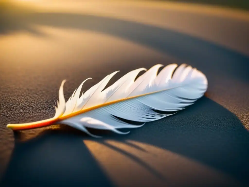 Una pluma blanca reposa delicadamente sobre una página en blanco, iluminada suavemente, evocando la transformación a través de la poesía