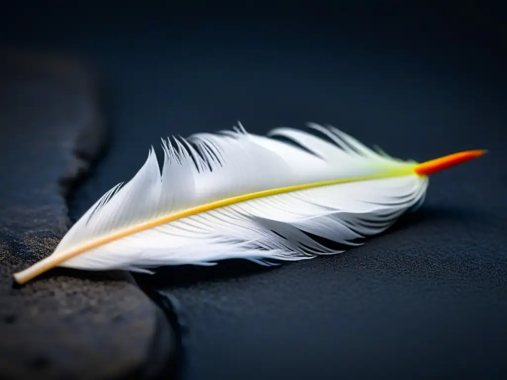 Una pluma blanca sobre una piedra oscura, simbolizando la ligereza y reflexión