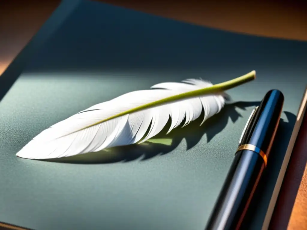 Pluma blanca sobre pluma negra en página en blanco, simbolizando la importancia de los silencios en poesía con elegancia