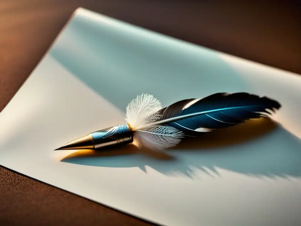 Pluma de escribir en blanco y negro sobre papel en blanco, evocando misterio y simbolismo poético