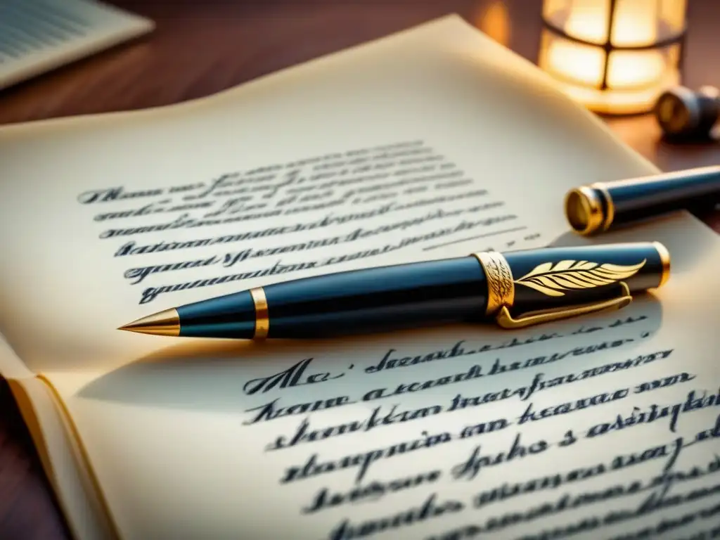 Una pluma escribiendo caligrafía elegante en un pergamino blanco, reflejando la complejidad de la vida y obra de Góngora