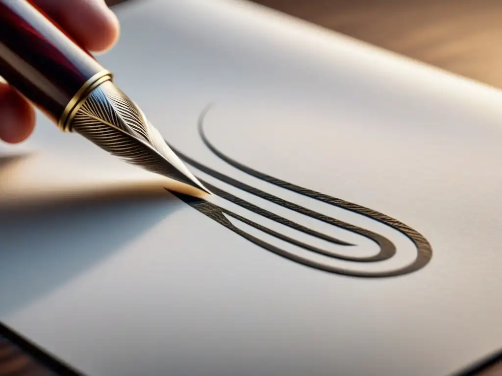 Una pluma creando caligrafía en una página blanca, reflejando la importancia de certificaciones en escritura creativa