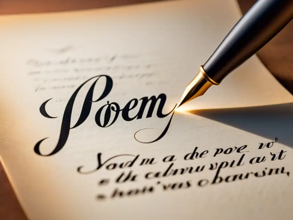 Pluma de caligrafía creando poesía en pergamino Una pluma de caligrafía poética traza letras elegantes en pergamino texturizado