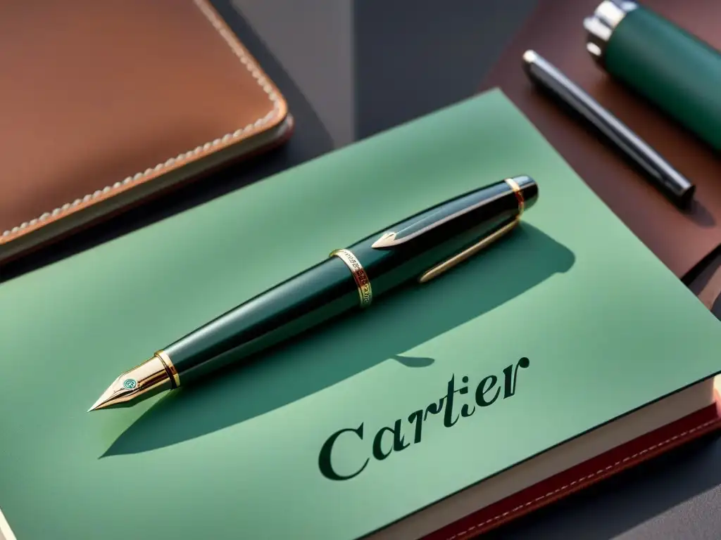 Una pluma Cartier de lujo descansa sobre un elegante cuaderno de cuero, iluminados por una luz suave